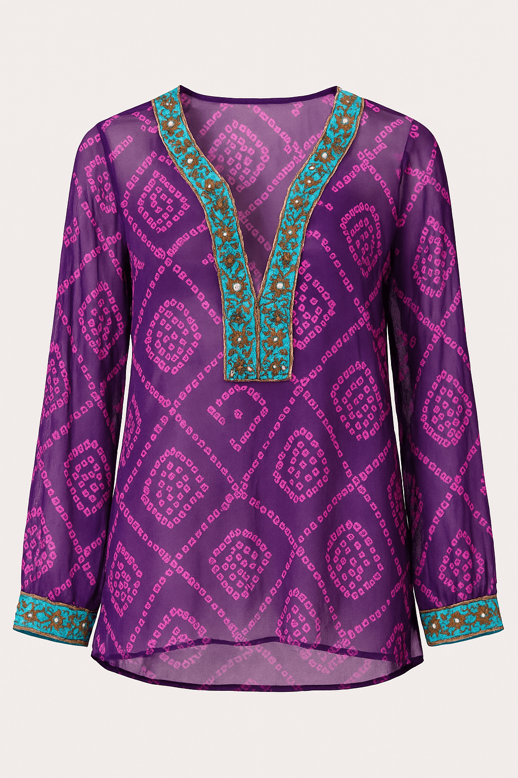 Sheer printed kurti with embellished neck purple - banjaratrail