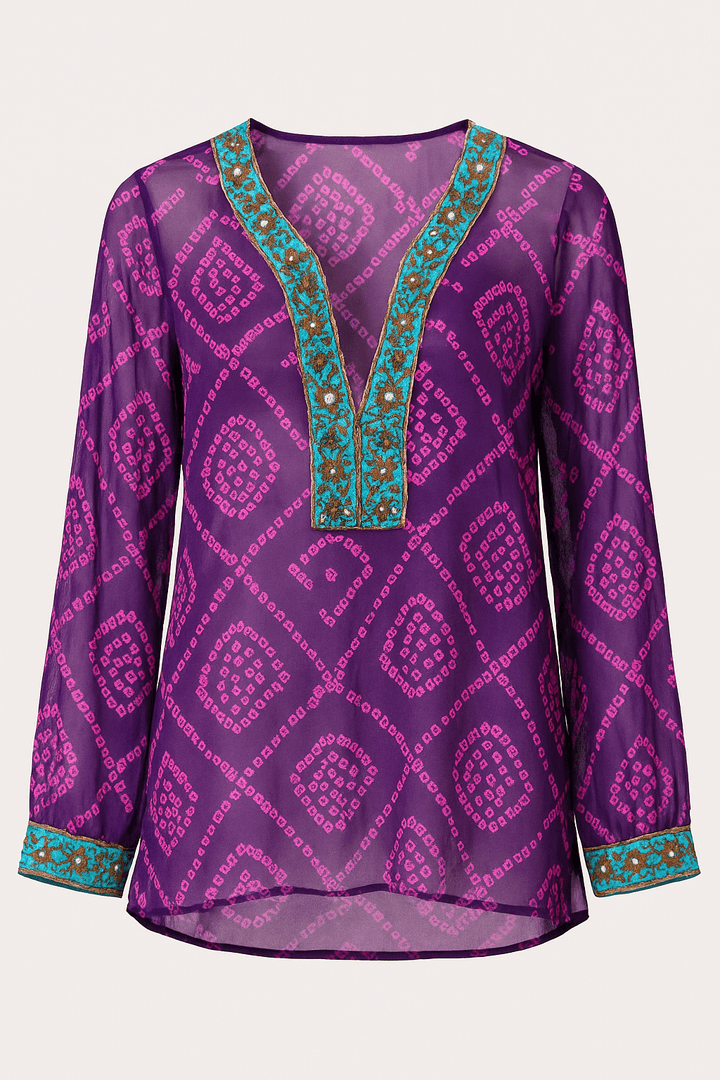 Sheer printed kurti with embellished neck purple - banjaratrail