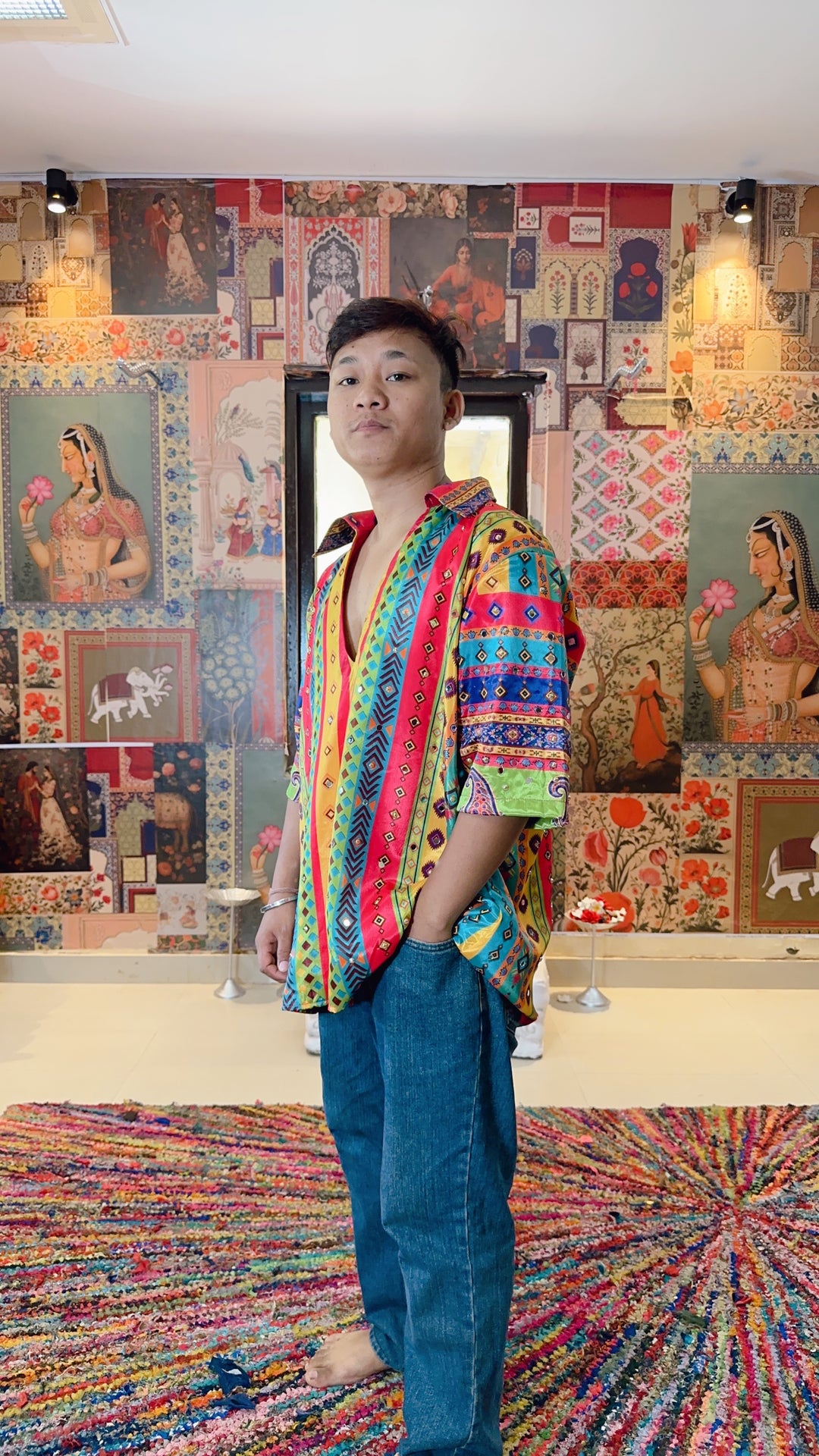 Men’s Vibrant Striped Boho Kaftan Shirt – Festival & Resort Wear