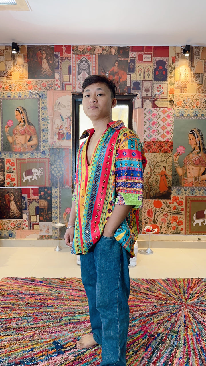 Men’s Vibrant Striped Boho Kaftan Shirt – Festival & Resort Wear