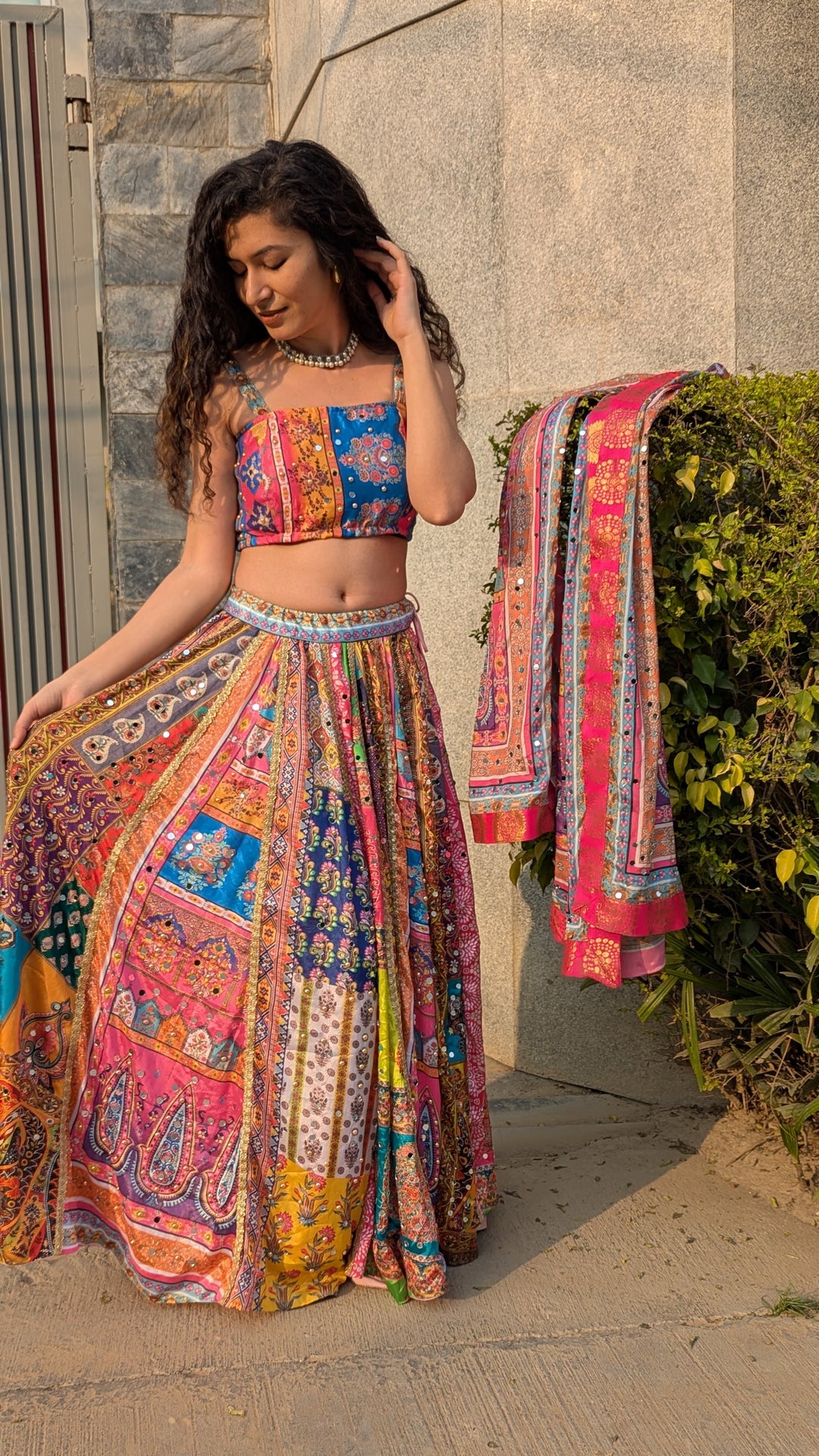 Multi patchwork mirror lehenga