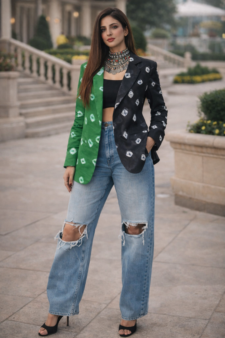 Dual-Tone Green & Black Bandhani Statement Blazer