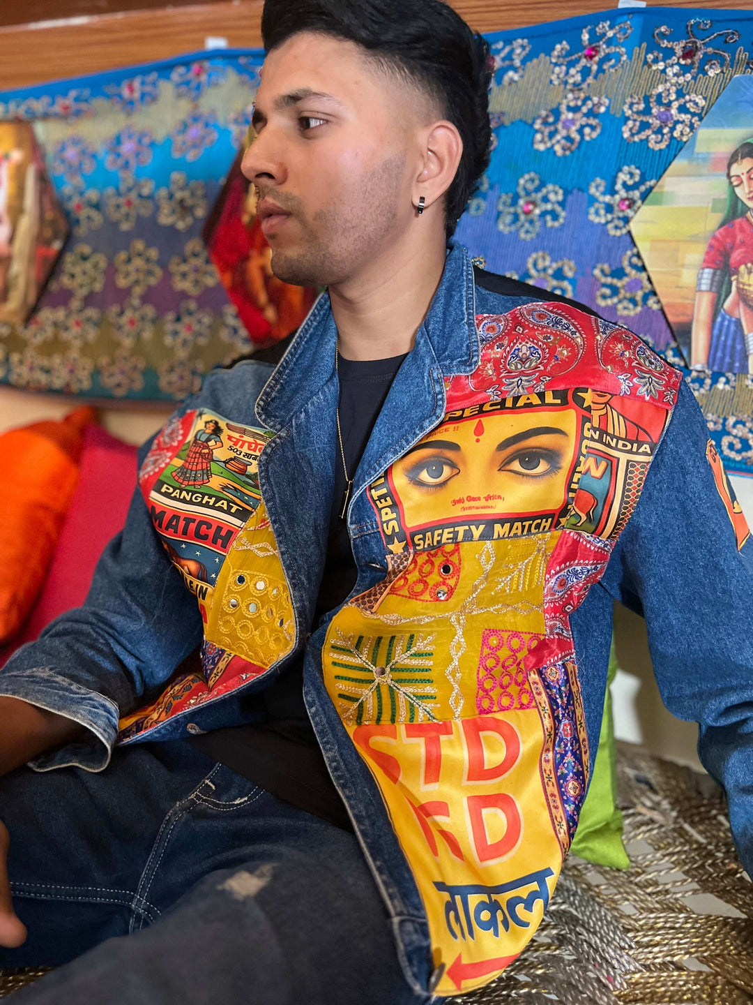 Denim Jacket with Vintage Matchbox Patchwork