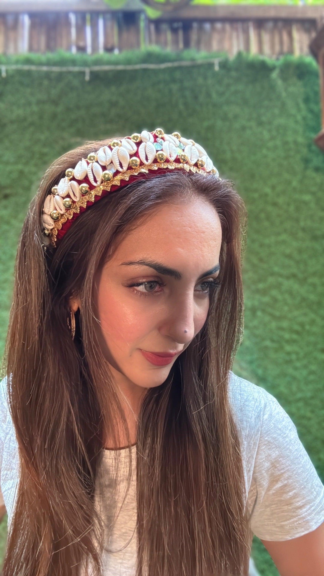 Ruhani Velvet Crown | Cowrie & Gold Hairband with shell - banjaratrail