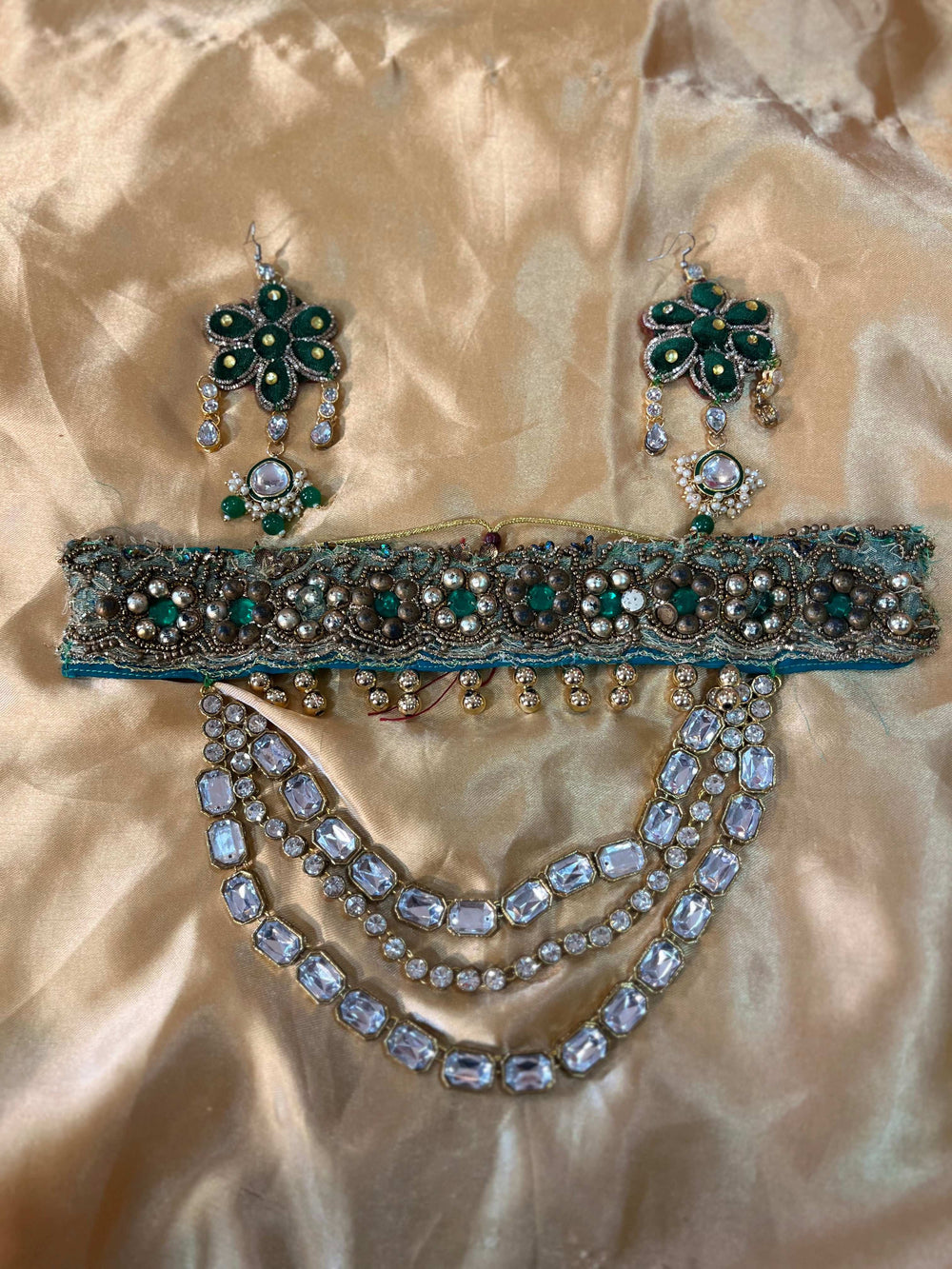 Emerald Encrusted Kundan Choker Necklace Set- Fabric jewellery