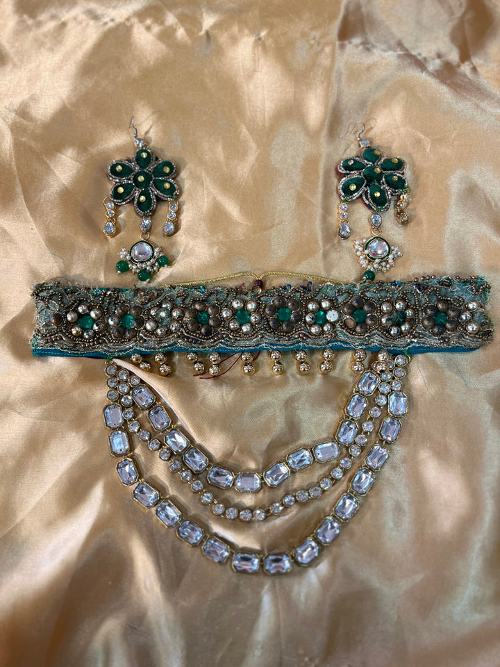 Emerald Encrusted Kundan Choker Necklace Set- Fabric jewellery