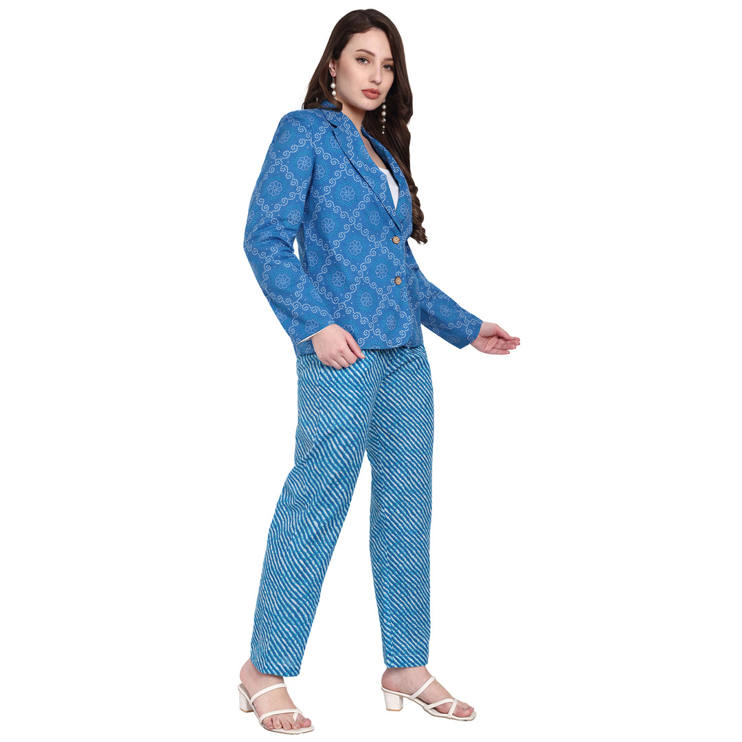 Blue Bandhani Blazer Set in Cotton