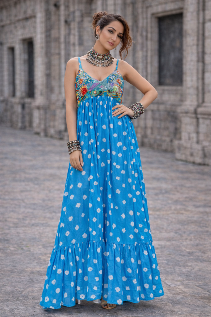 Ocean Breeze Bandhini Maxi Dress ( Blue )