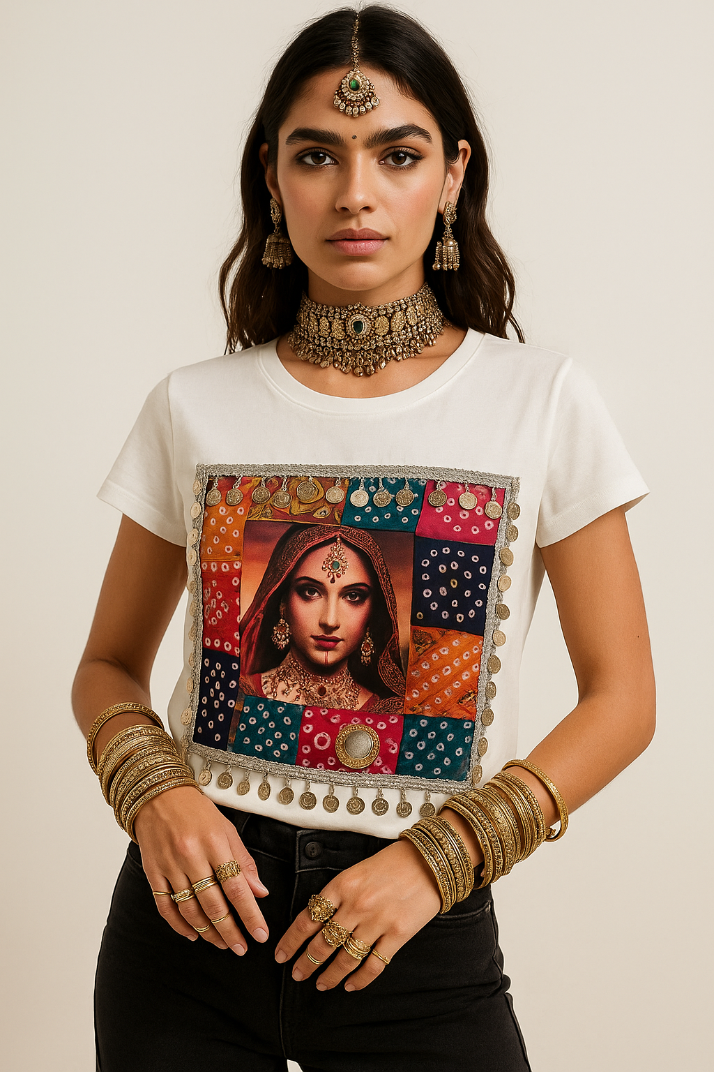 Desi Diva Boho Patch T-Shirt – Handcrafted Mirror & Coin Work Detail