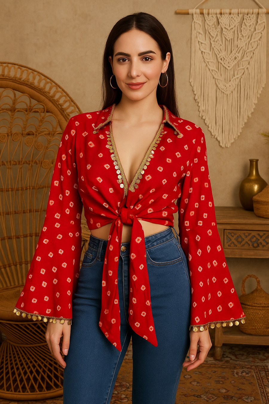Red tie knot coin embellished top - banjaratrail