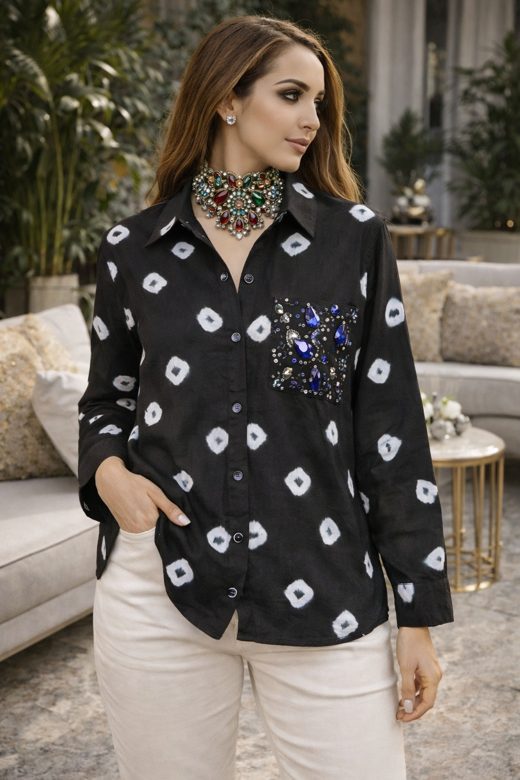 Cotton Bandhini Embellished Shirt