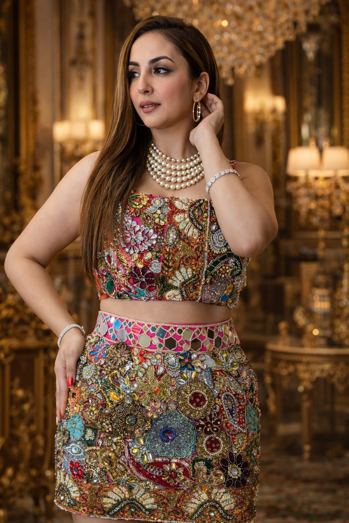 Hand-Embroidered Mirror & Sequin Bustier With Mini Skirt Set