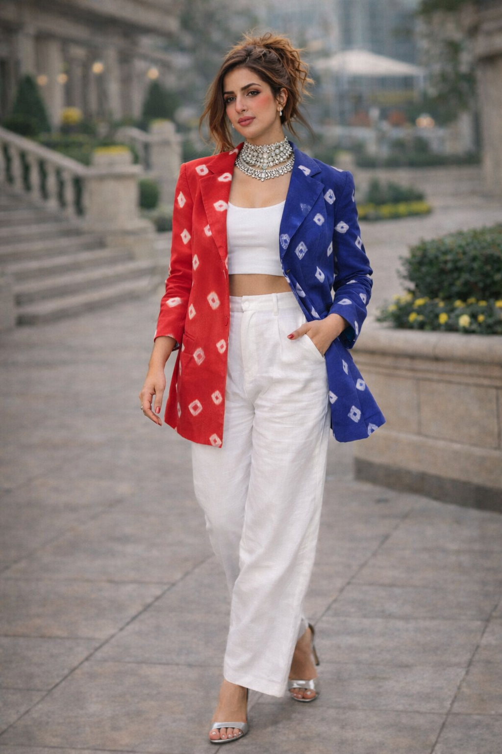 Dual-Tone Red & Indigo Bandhani Statement Blazer