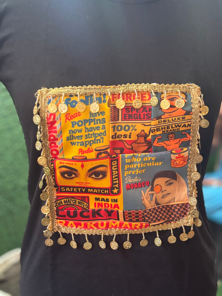 Pop Art Desi Vibes T-Shirt – Handcrafted Patch with Boho Detailing