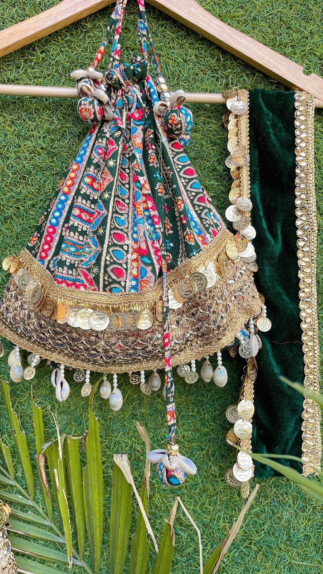 Diwali delight -shrug ,potli bag &belt set ( green)