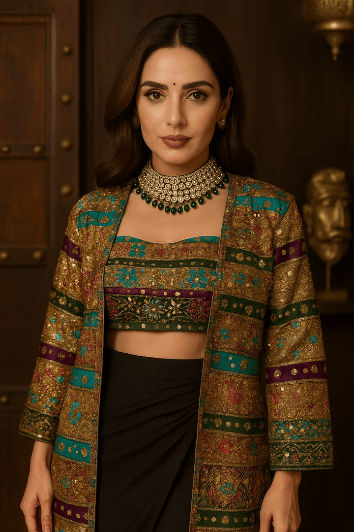 'Shahi Andaz' Embellished Overcoat with Bustier - banjaratrail