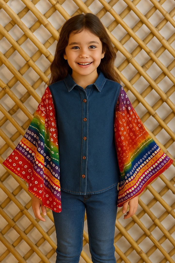 Denim Shirt with Bandhani butterfly  Sleeves – Kids Boho