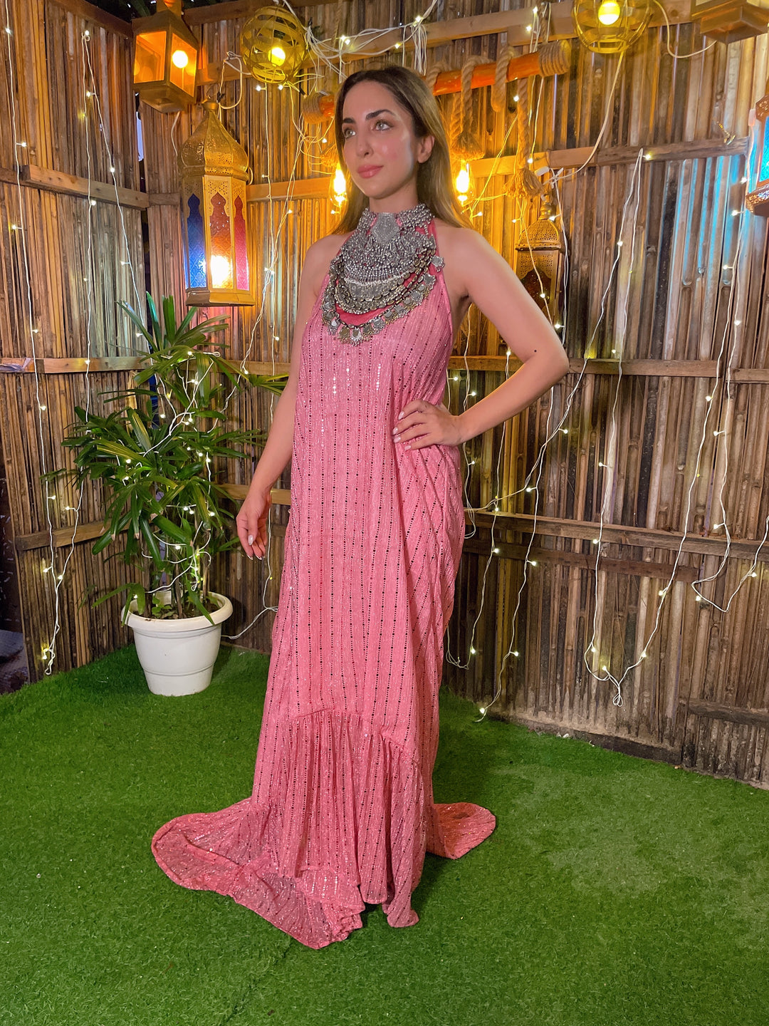 Necklace Attached Dress & Shrug- Pink  Shimmer