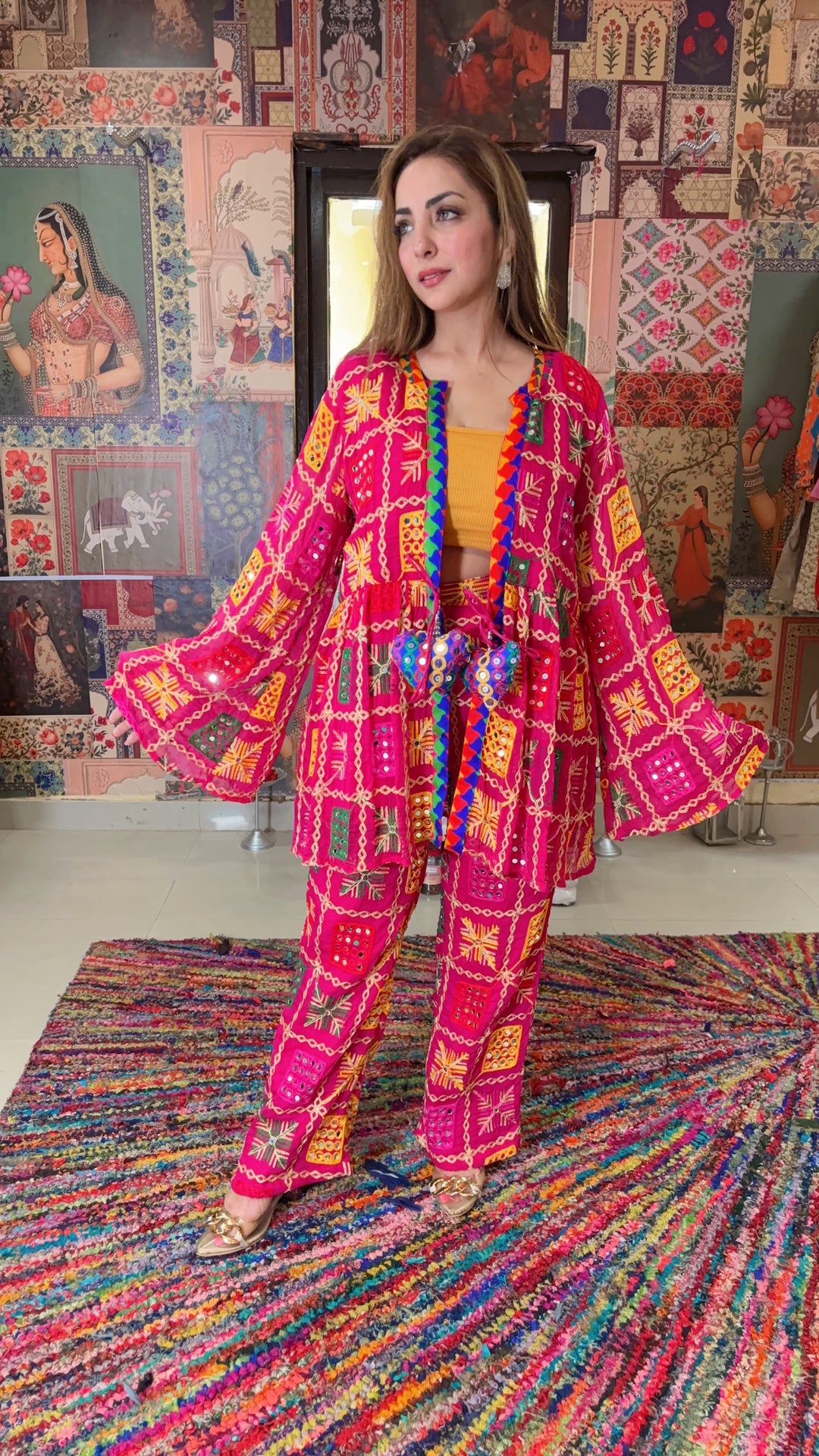 Hot Pink Hand-Embroidered Boho Jacket & Pants Set