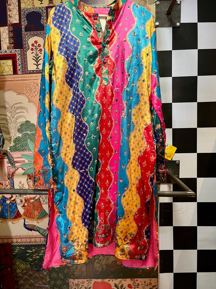 Multicolor Bandhani Print Kurta with Black Pajama for Men