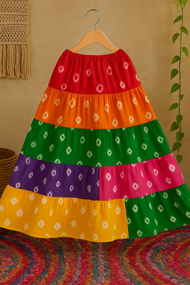 Multicolor Rainbow Bandhani Print Cotton Skirt for Girls