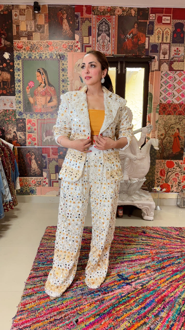 Ivory Mirror-Embroidered Blazer & Pants Set