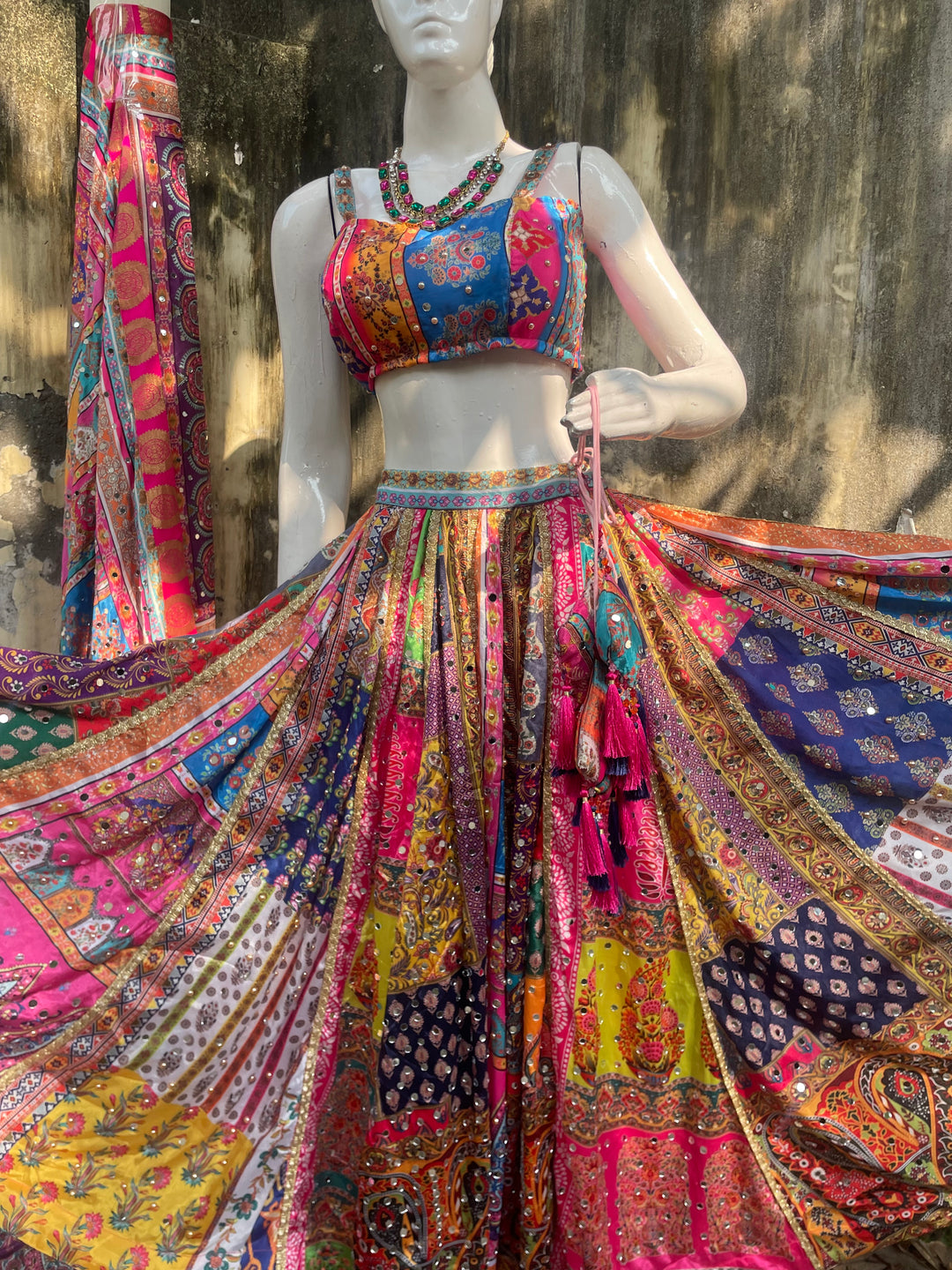 Multi patchwork mirror lehenga