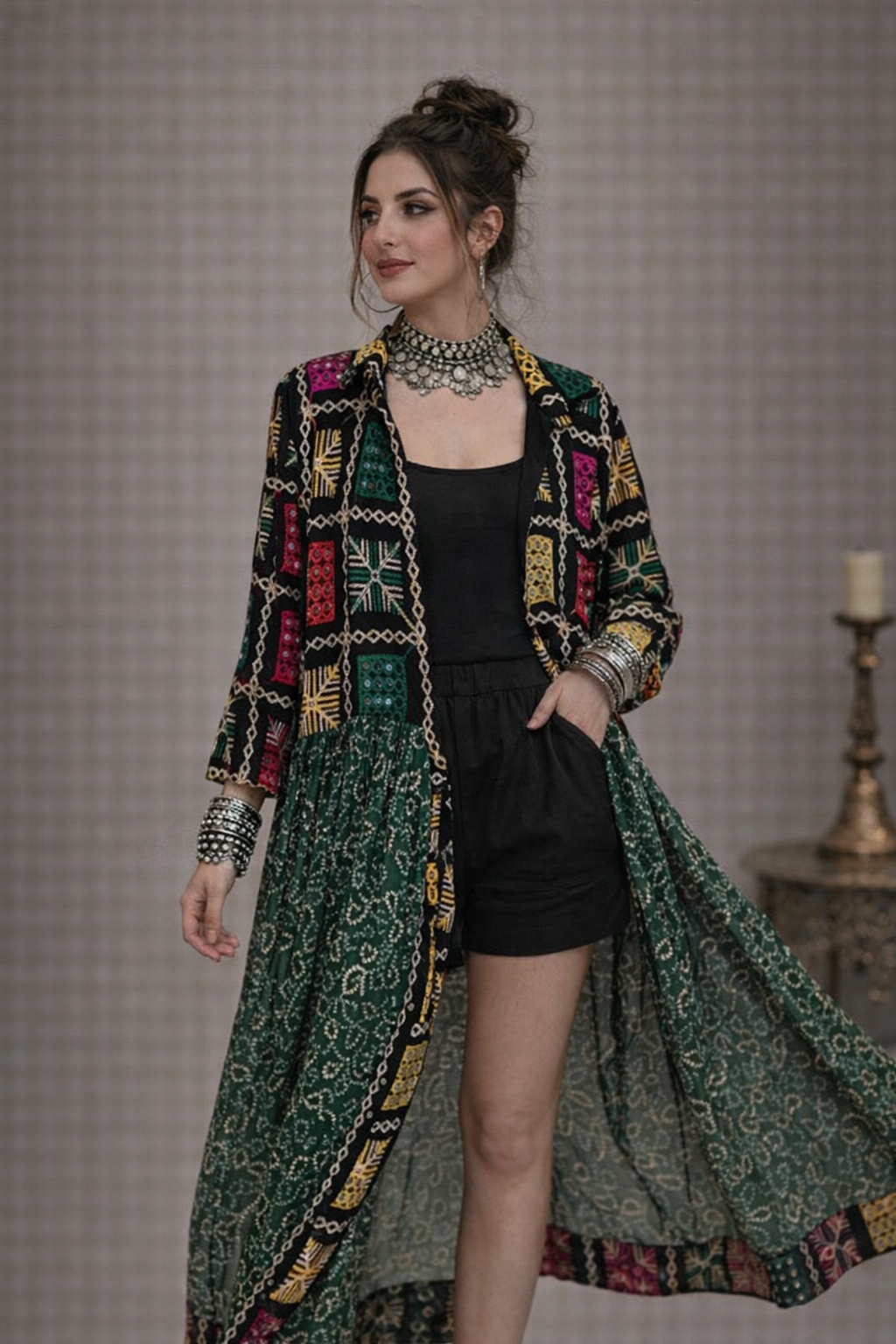 Phulkari Bandhani Flared Shrug Multicolor Variants