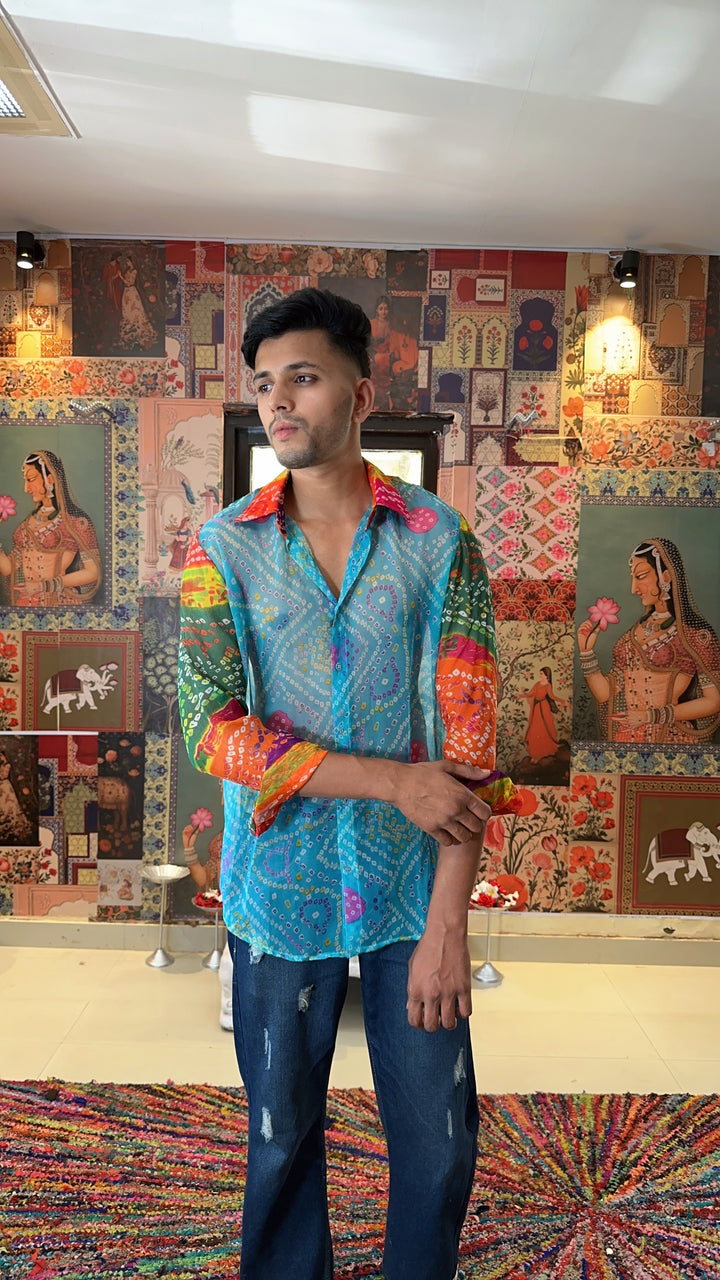 Men's bandhini shirt in Georgette - Blue