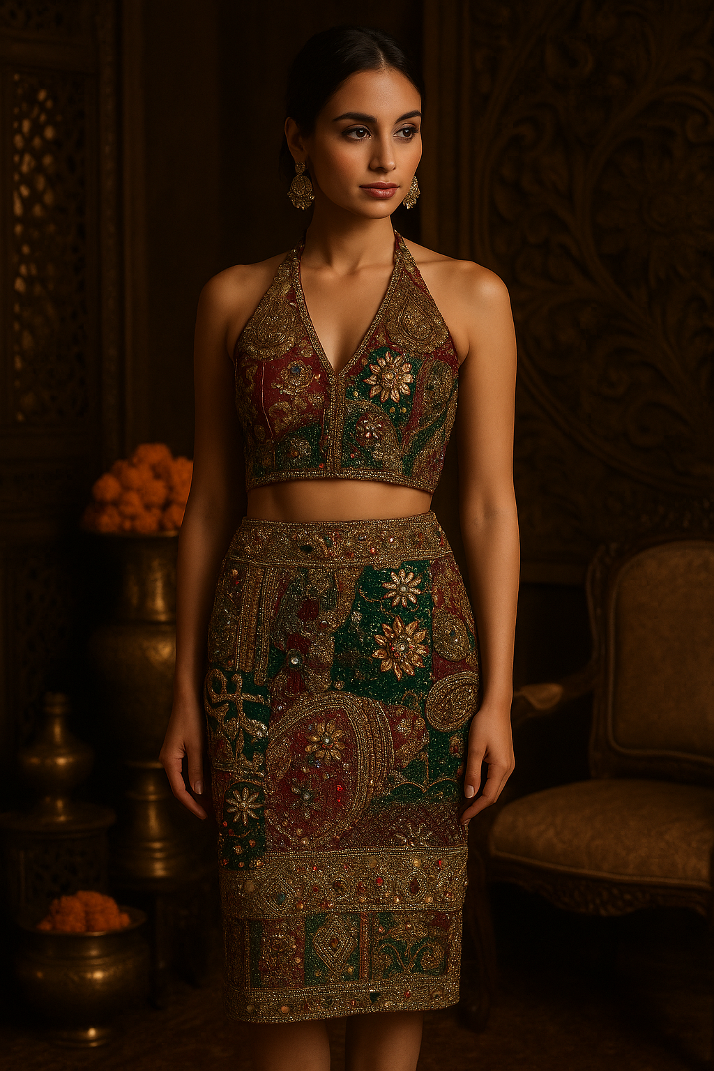 Embellished midi skirt & bralette set