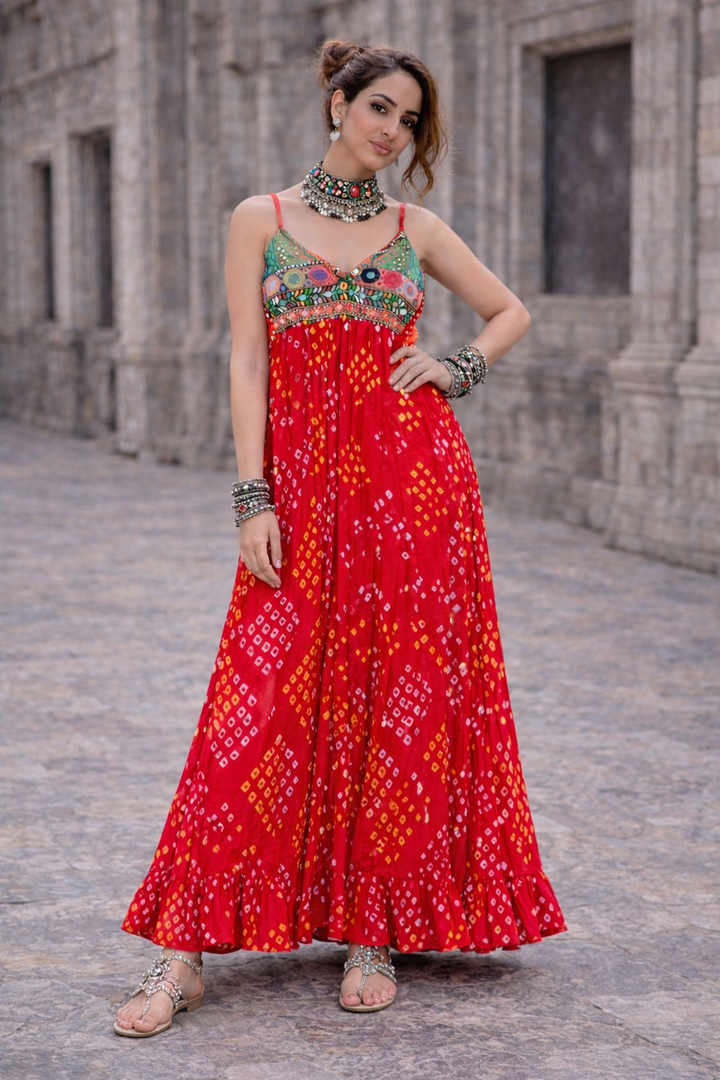 Bandhini Maxi Dress -Red