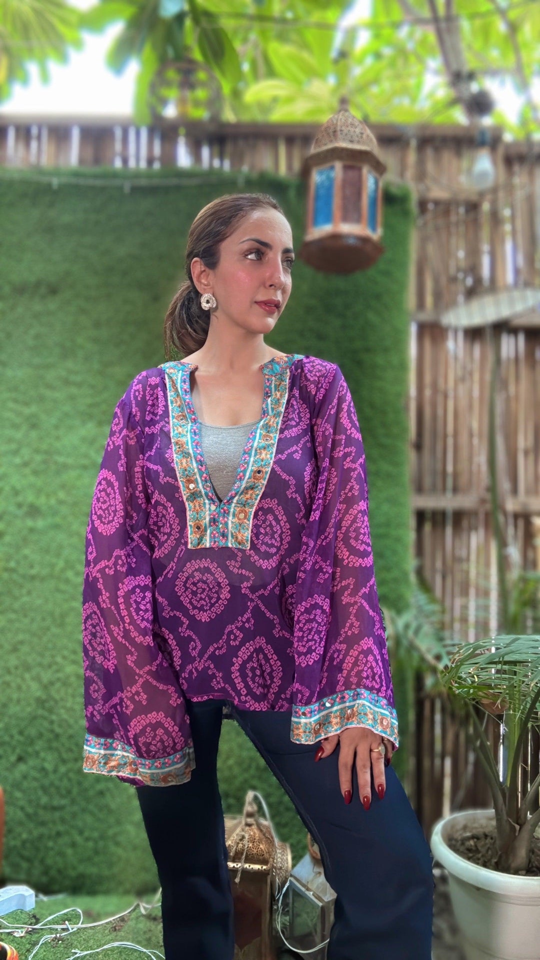 Sheer printed kurti with embellished neck purple - banjaratrail