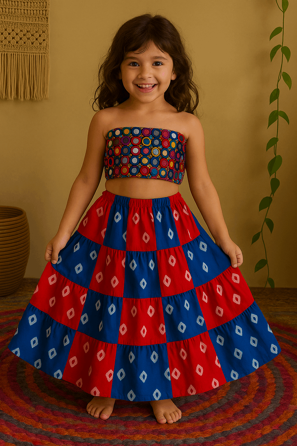 Kids Bandeau & Skirt Set – Multicolor & Bandhani Red-Blue
