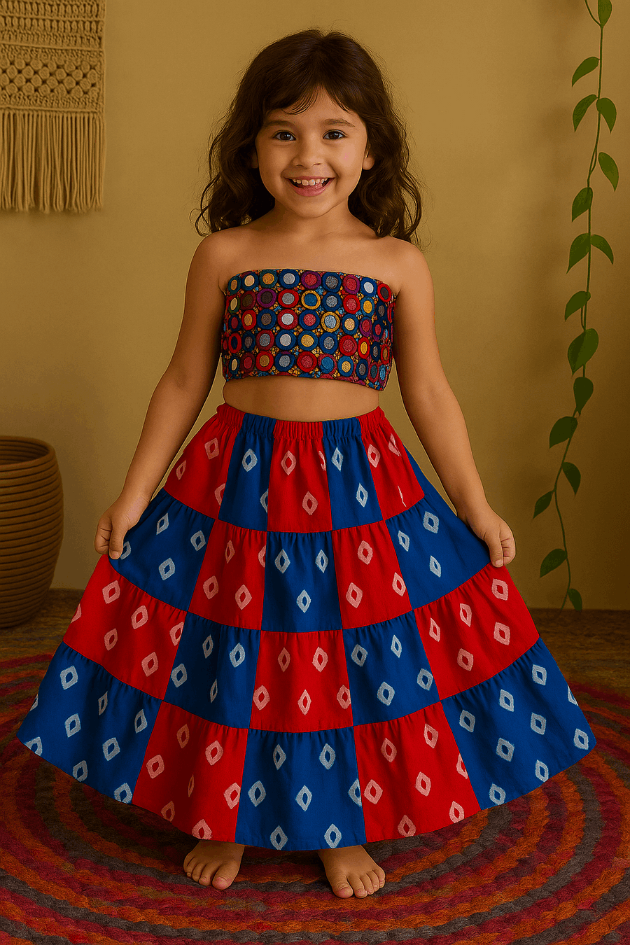 Kids Bandeau & Skirt Set – Multicolor & Bandhani Red-Blue