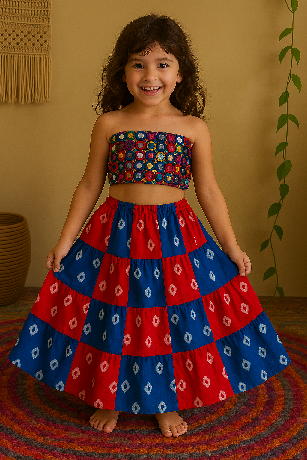 Kids Bandeau & Skirt Set – Multicolor & Bandhani Red-Blue