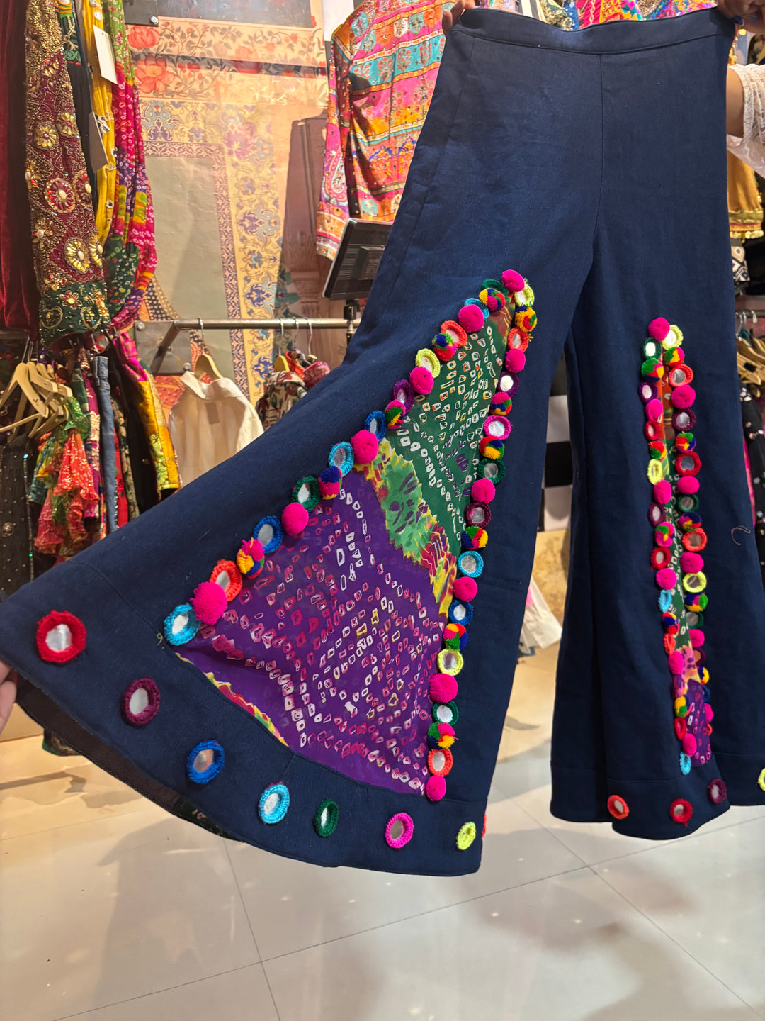 Denim Flared Pants with Pom Pom