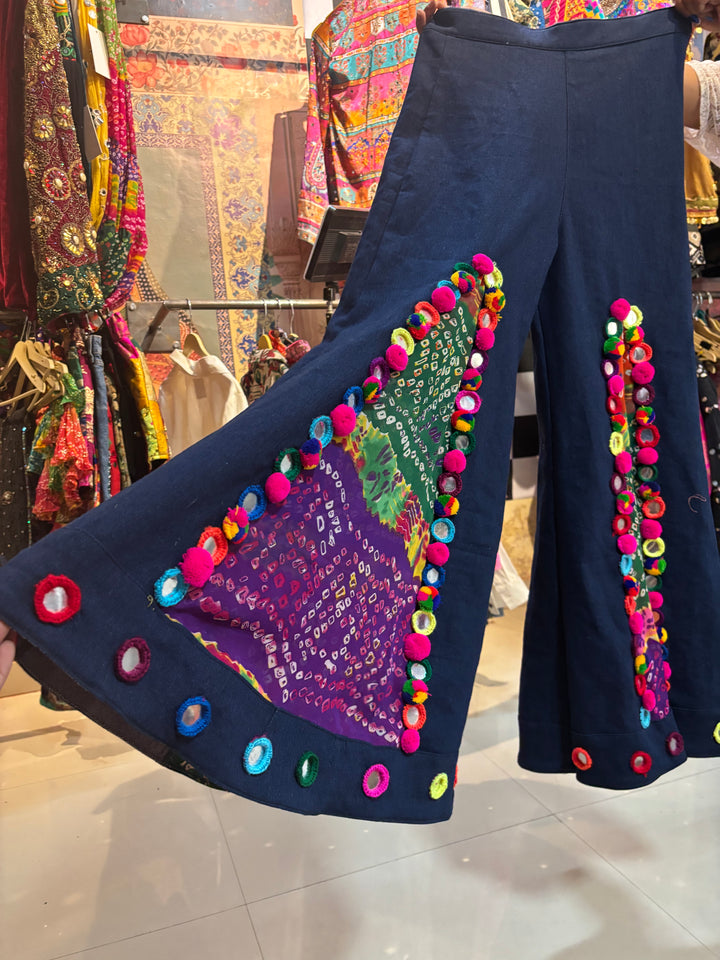 Denim Flared Pants with Pom Pom