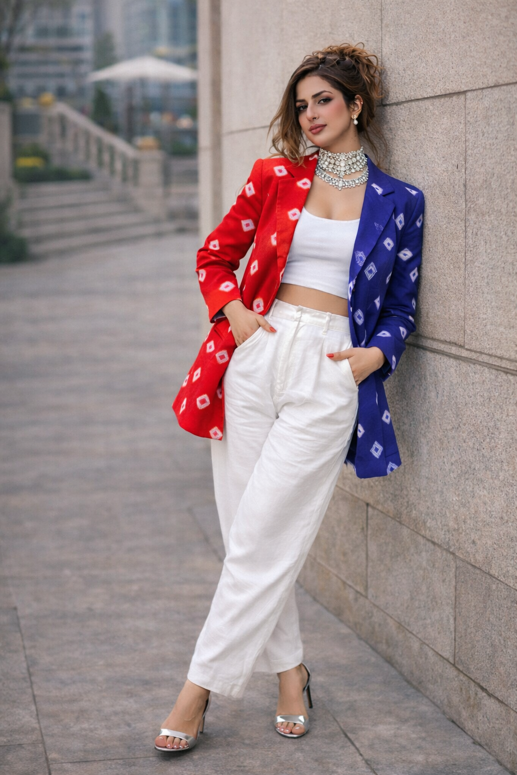 Dual-Tone Red & Indigo Bandhani Statement Blazer