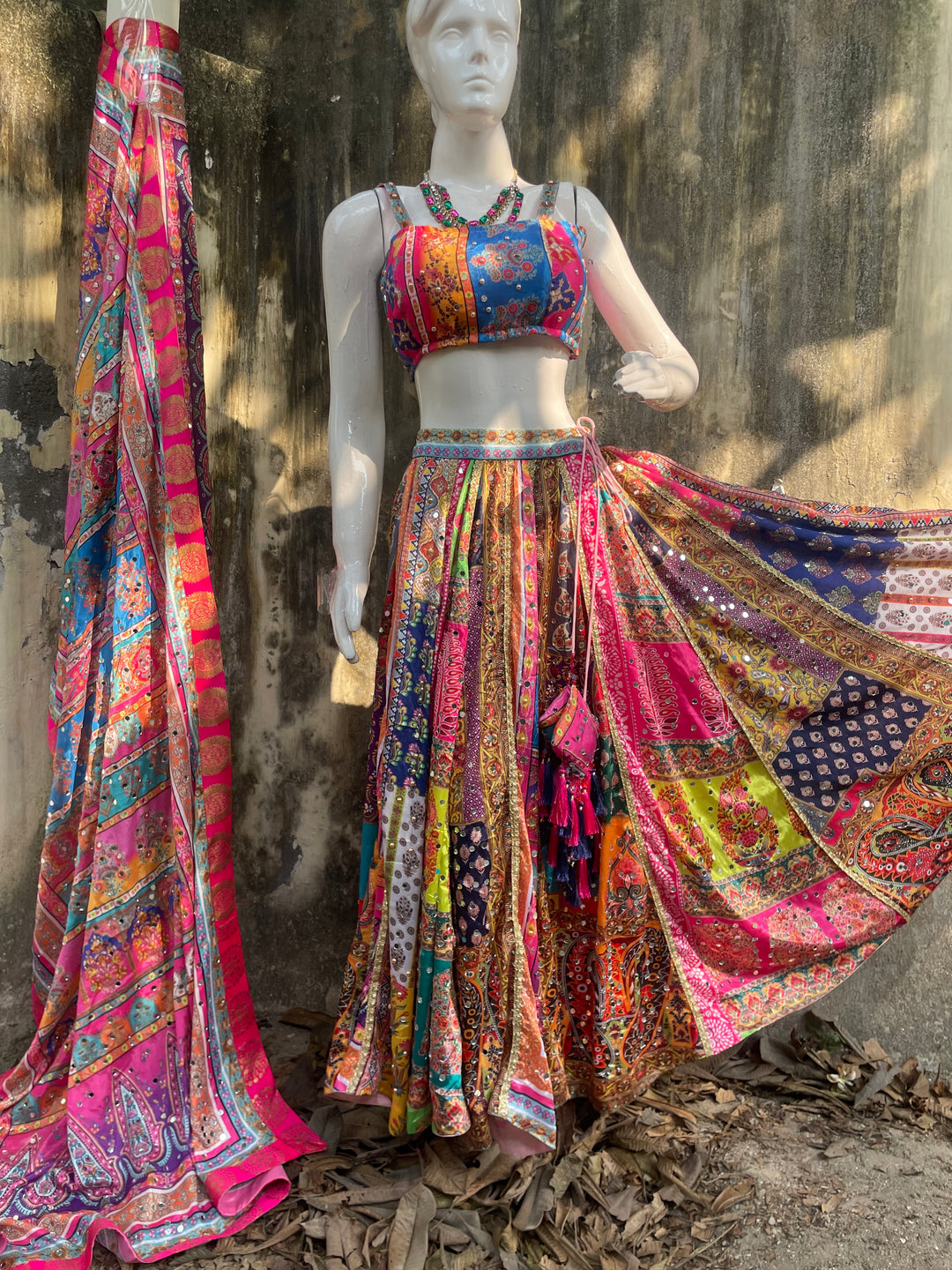 Multi patchwork mirror lehenga