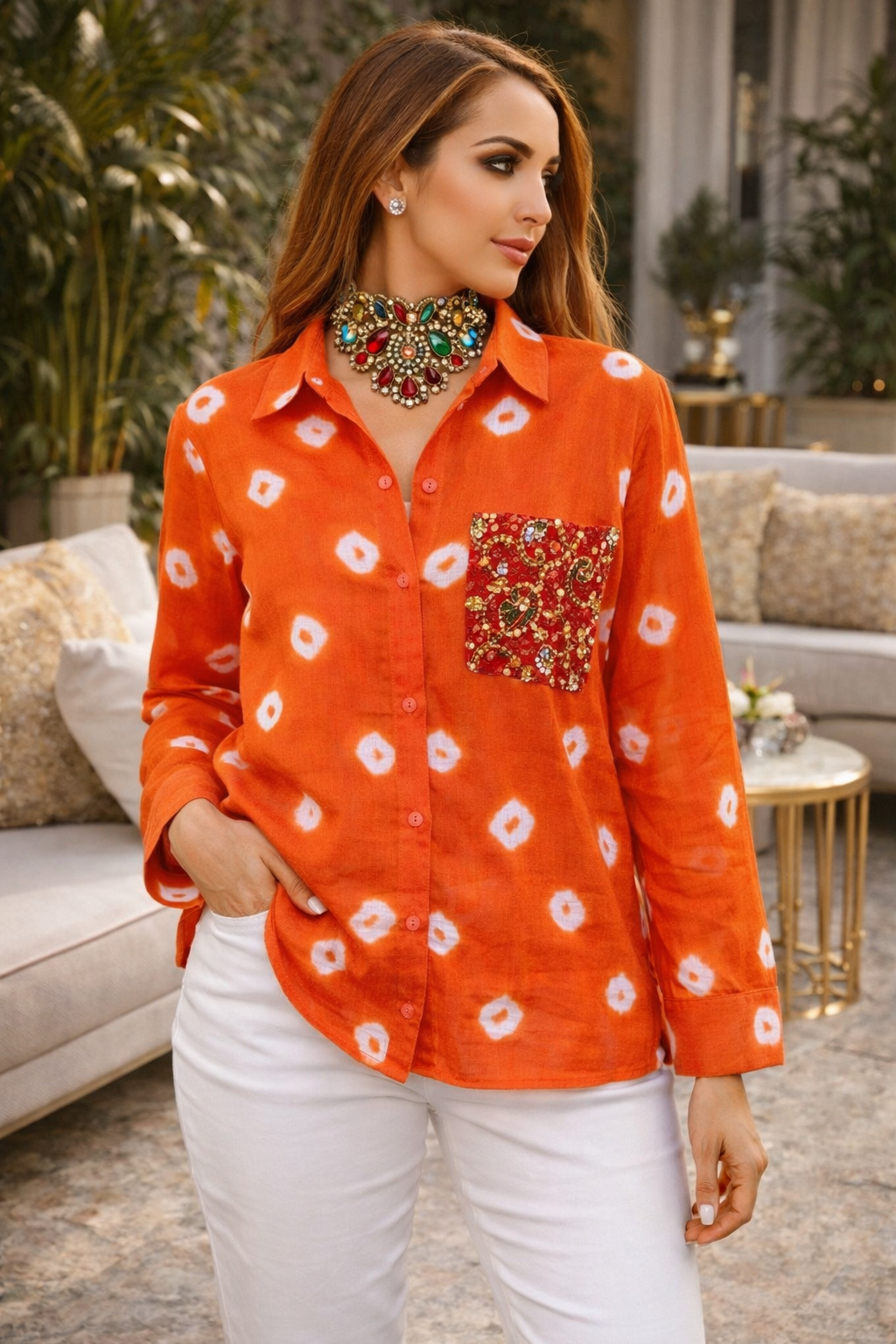 Cotton Bandhini Embellished Shirt