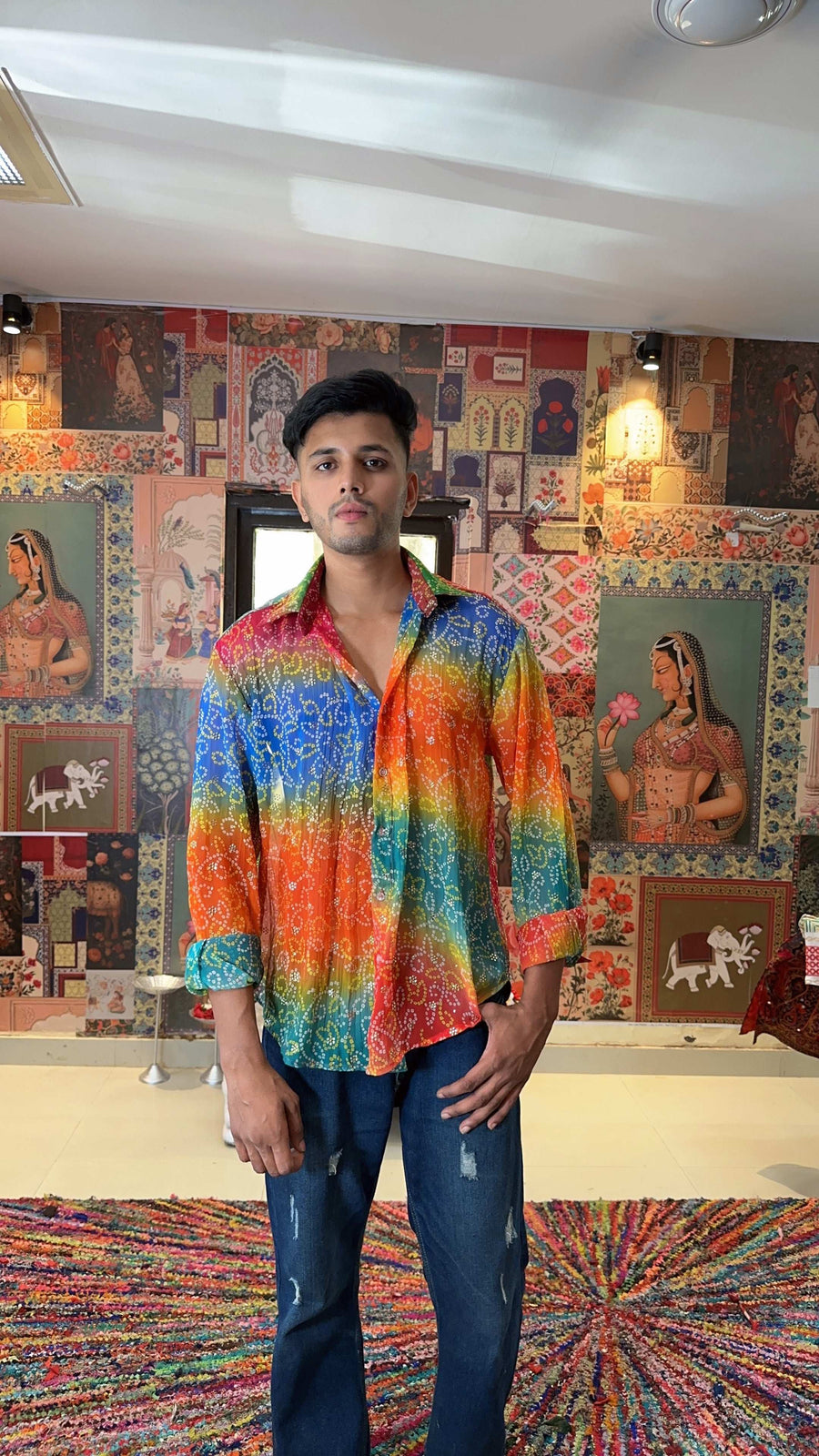 Men’s Rainbow Bandhani Print Shirt – Boho Festival Wear