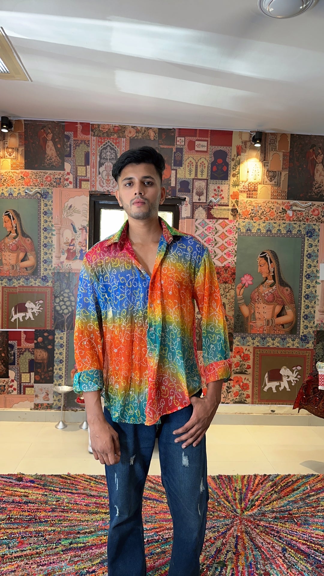 Men’s Rainbow Bandhani Print Shirt – Boho Festival Wear