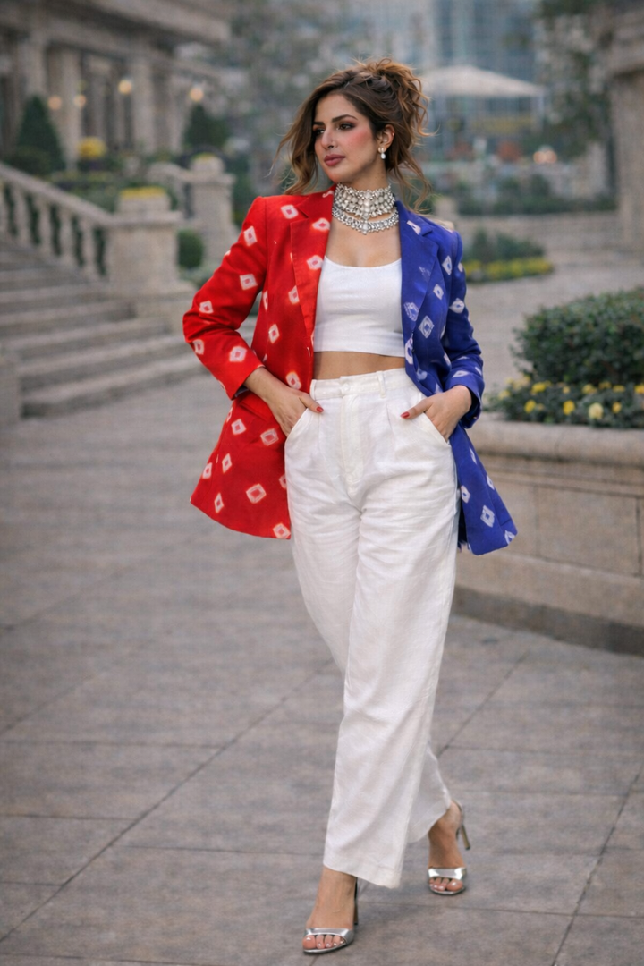 Dual-Tone Red & Indigo Bandhani Statement Blazer