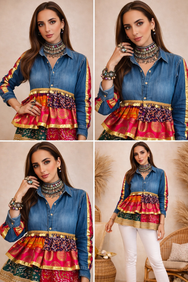 Peplum Bandhini Denim Shirt