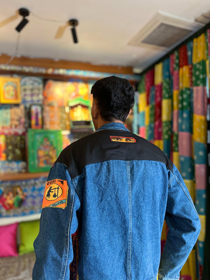 Denim Jacket with Vintage Matchbox Patchwork