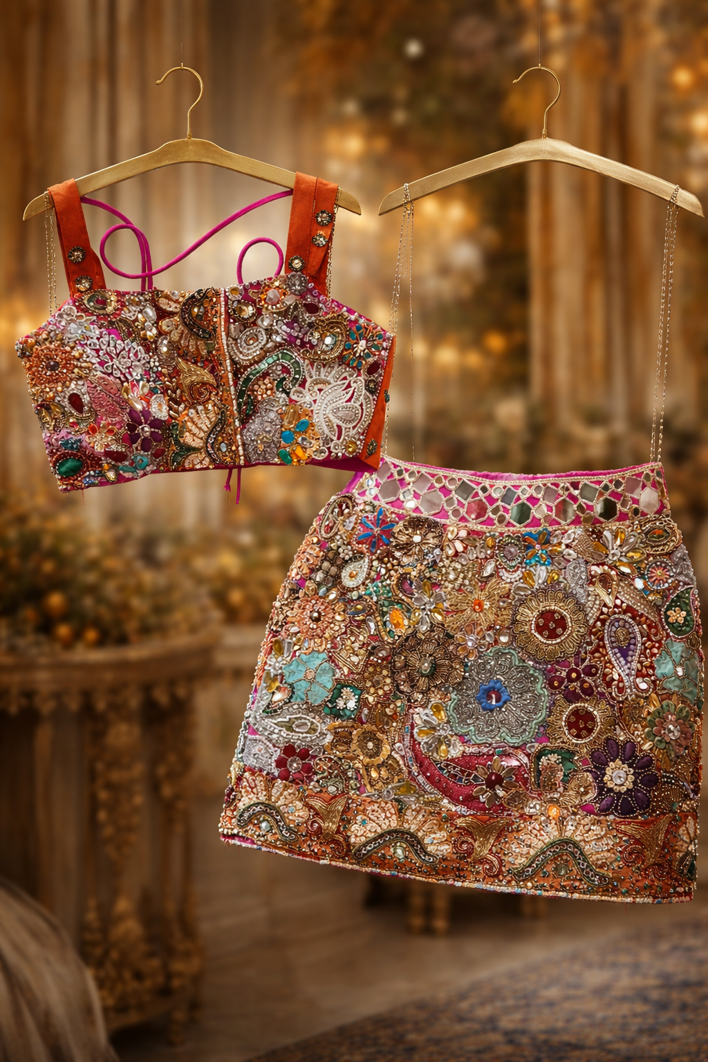 Hand-Embroidered Mirror & Sequin Bustier With Mini Skirt Set