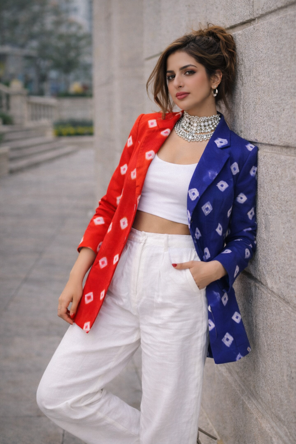 Dual-Tone Red & Indigo Bandhani Statement Blazer