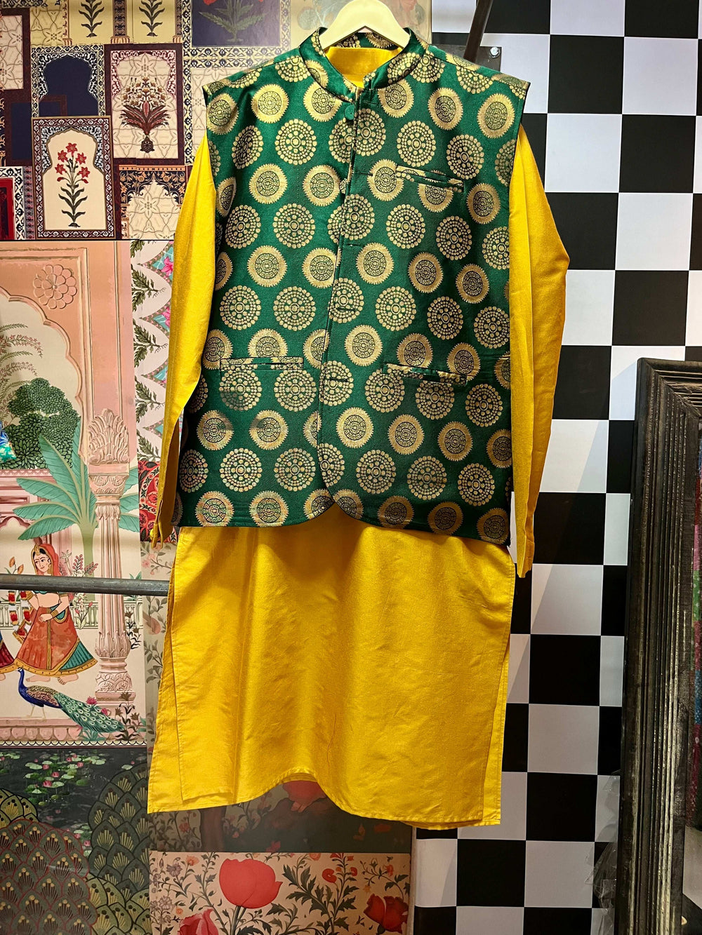 Bottle Green Brocade Nehru Jacket with Mustard Yellow Kurta Set for Men