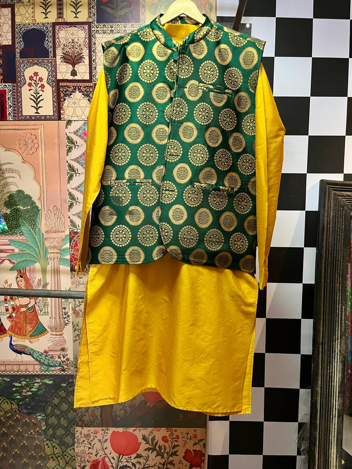 Bottle Green Brocade Nehru Jacket with Mustard Yellow Kurta Set for Men