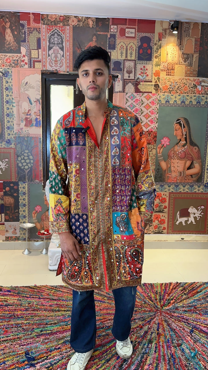 Men’s Royal Patchwork Embroidered Kurta – Multicolour Heritage